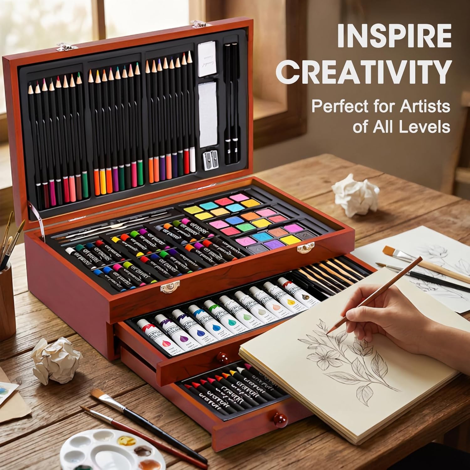 175‑Piece Deluxe Wooden Art Set with Acrylic Paints Colored Pencils, Crayons, Brush Set, Palettes & Dual Drawing Pads