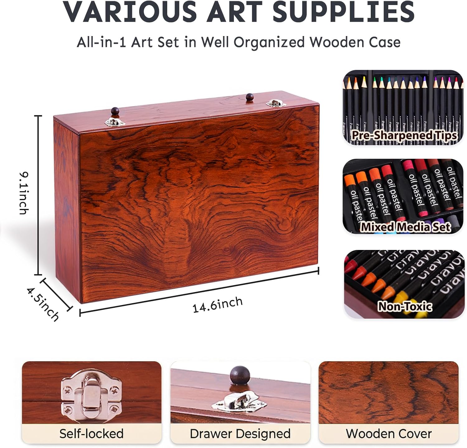 175‑Piece Deluxe Wooden Art Set with Acrylic Paints Colored Pencils, Crayons, Brush Set, Palettes & Dual Drawing Pads