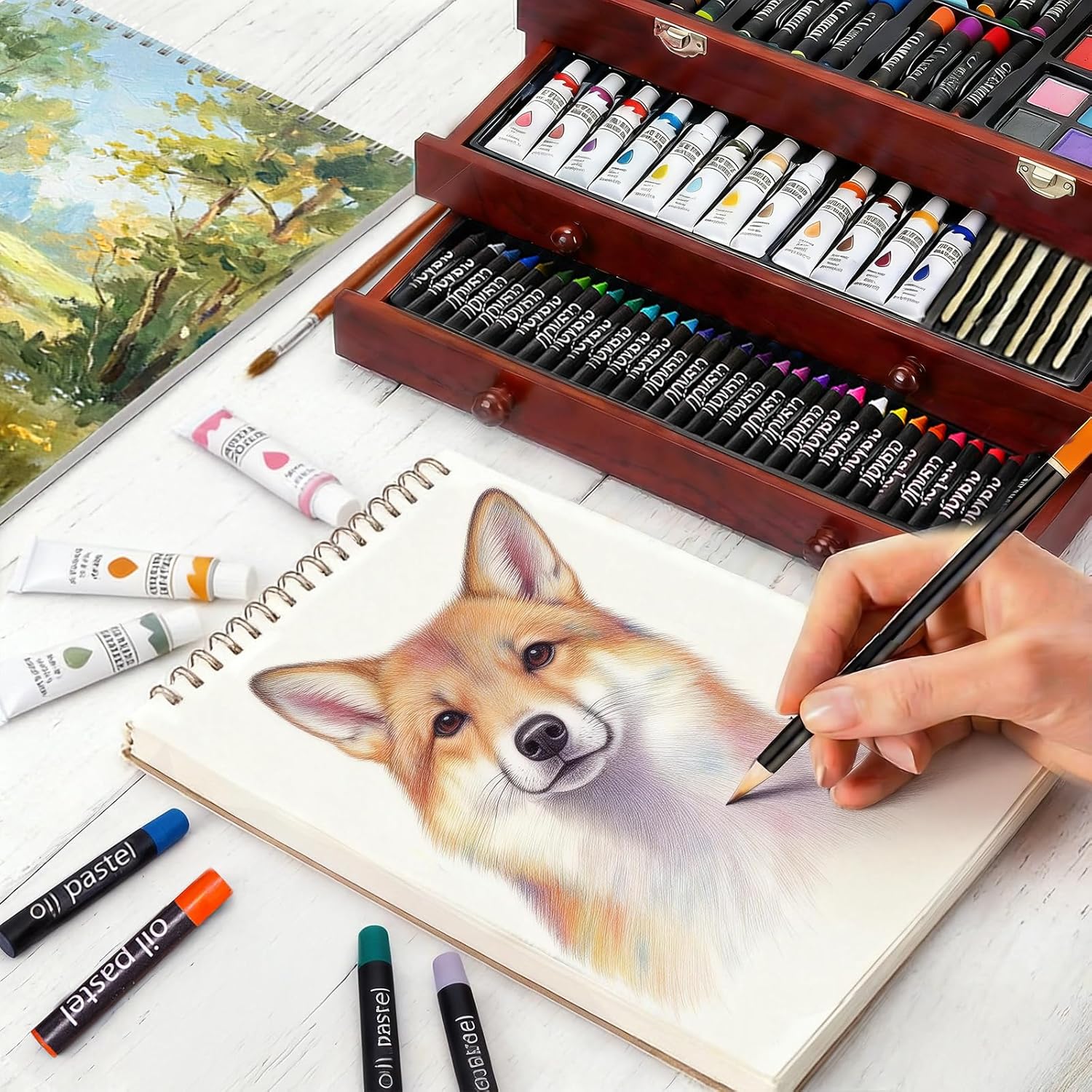 175‑Piece Deluxe Wooden Art Set with Acrylic Paints Colored Pencils, Crayons, Brush Set, Palettes & Dual Drawing Pads