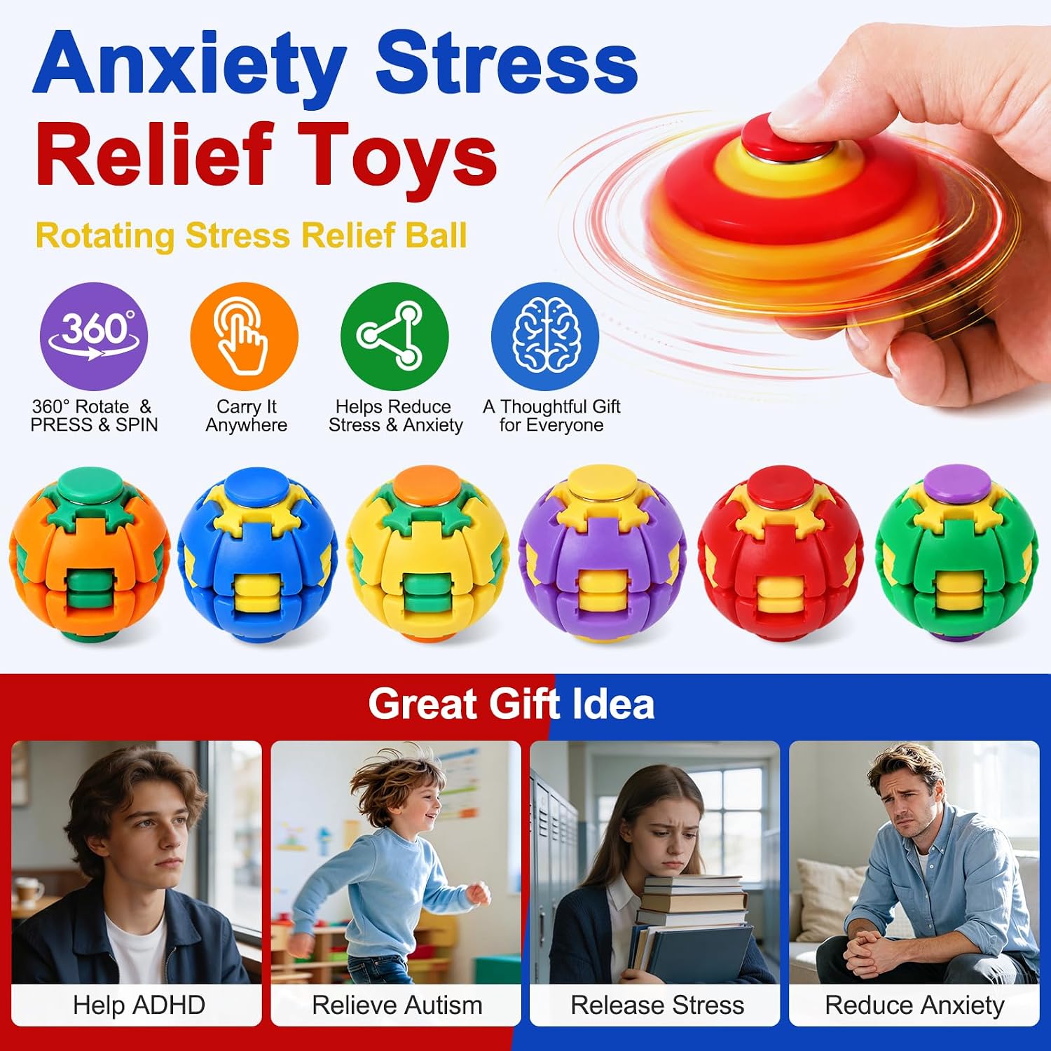 2PCS Press To Spin Helix Core Fidget Spinner Ball, 360° Rotating Sensory Fidget Toy, Stress Relief Spinner Ball for Kids, Teens & Adults, Desk Toy for Focus and Relaxation