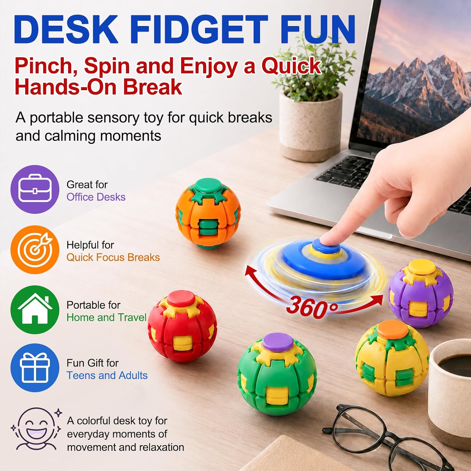 2PCS Press To Spin Helix Core Fidget Spinner Ball, 360° Rotating Sensory Fidget Toy, Stress Relief Spinner Ball for Kids, Teens & Adults, Desk Toy for Focus and Relaxation