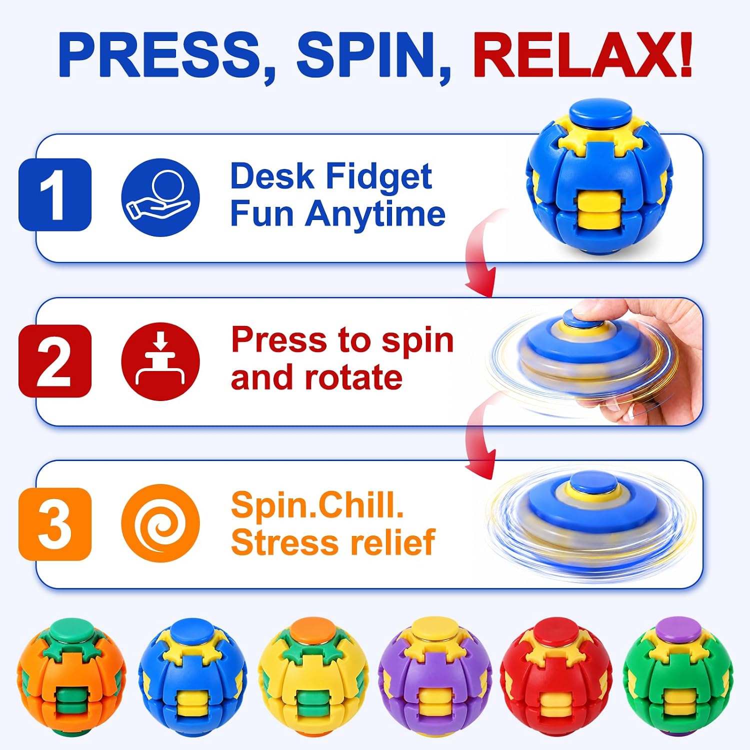 2PCS Press To Spin Helix Core Fidget Spinner Ball, 360° Rotating Sensory Fidget Toy, Stress Relief Spinner Ball for Kids, Teens & Adults, Desk Toy for Focus and Relaxation