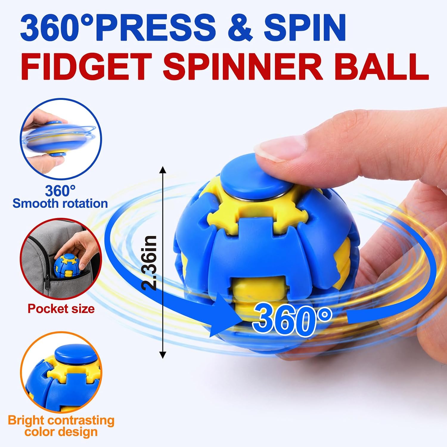 2PCS Press To Spin Helix Core Fidget Spinner Ball, 360° Rotating Sensory Fidget Toy, Stress Relief Spinner Ball for Kids, Teens & Adults, Desk Toy for Focus and Relaxation