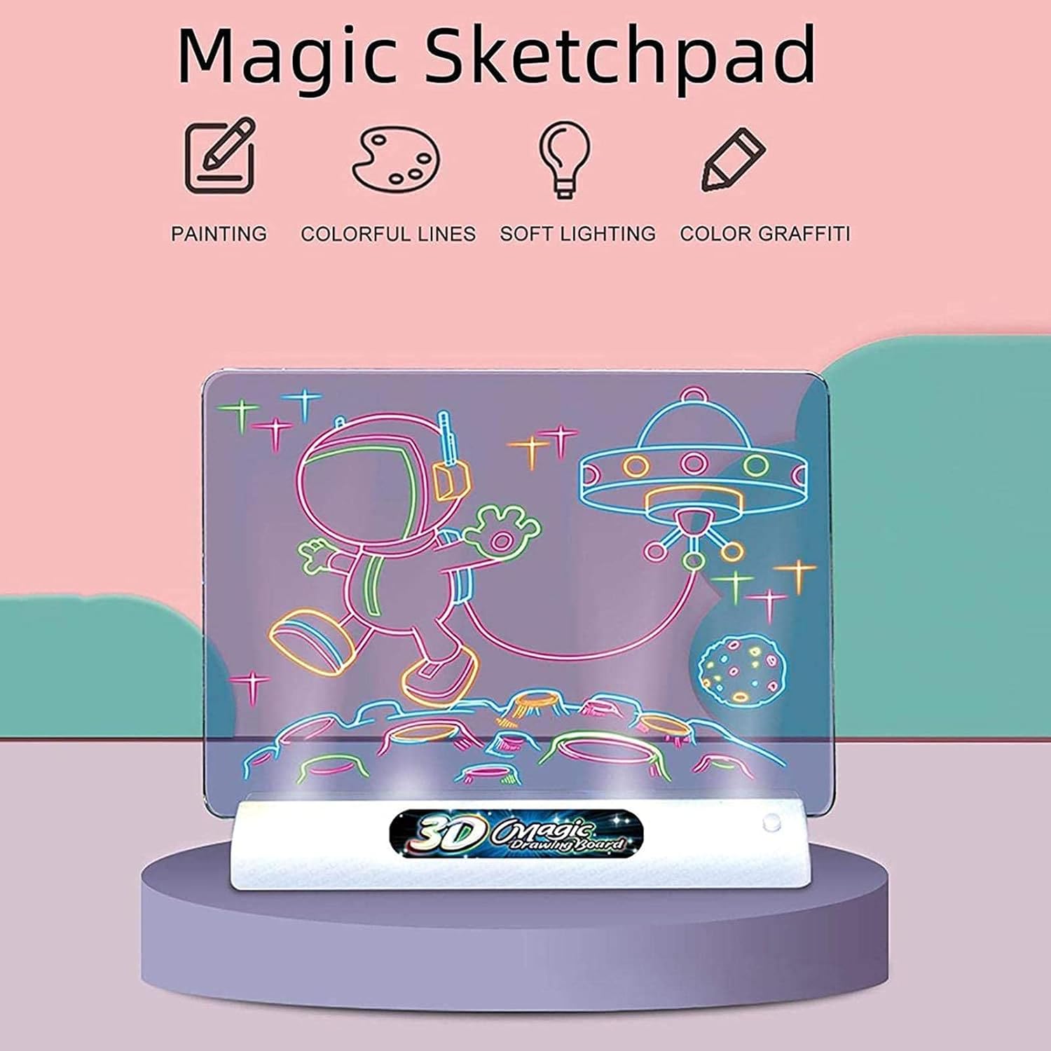 3D Fluorescent Drawing Board Magic Light Reusable Writing Tablet with 3D Glasses for Kids