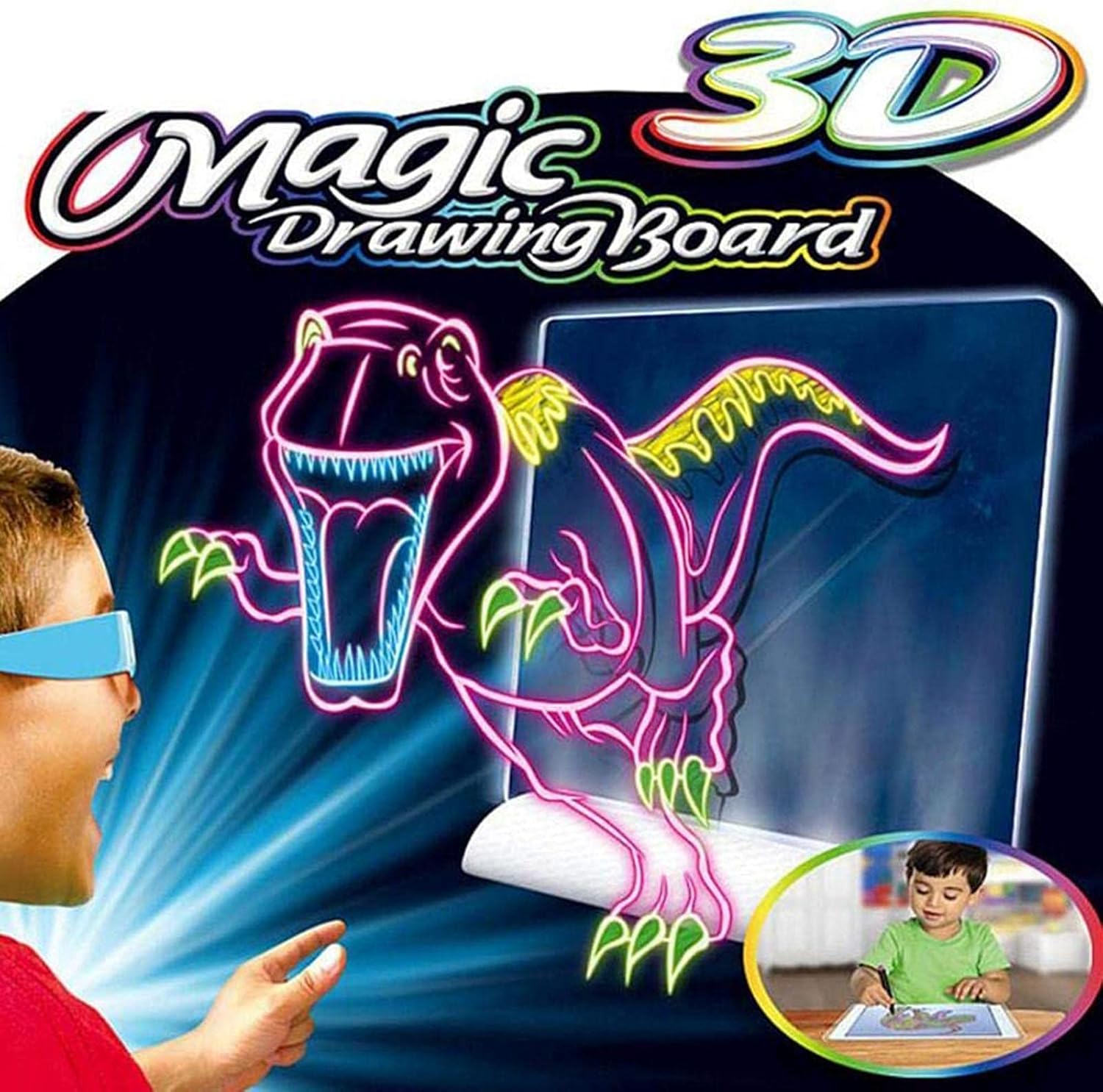 3D Fluorescent Drawing Board Magic Light Reusable Writing Tablet with 3D Glasses for Kids