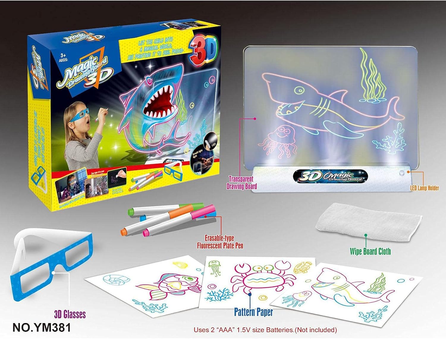 3D Fluorescent Drawing Board Magic Light Reusable Writing Tablet with 3D Glasses for Kids