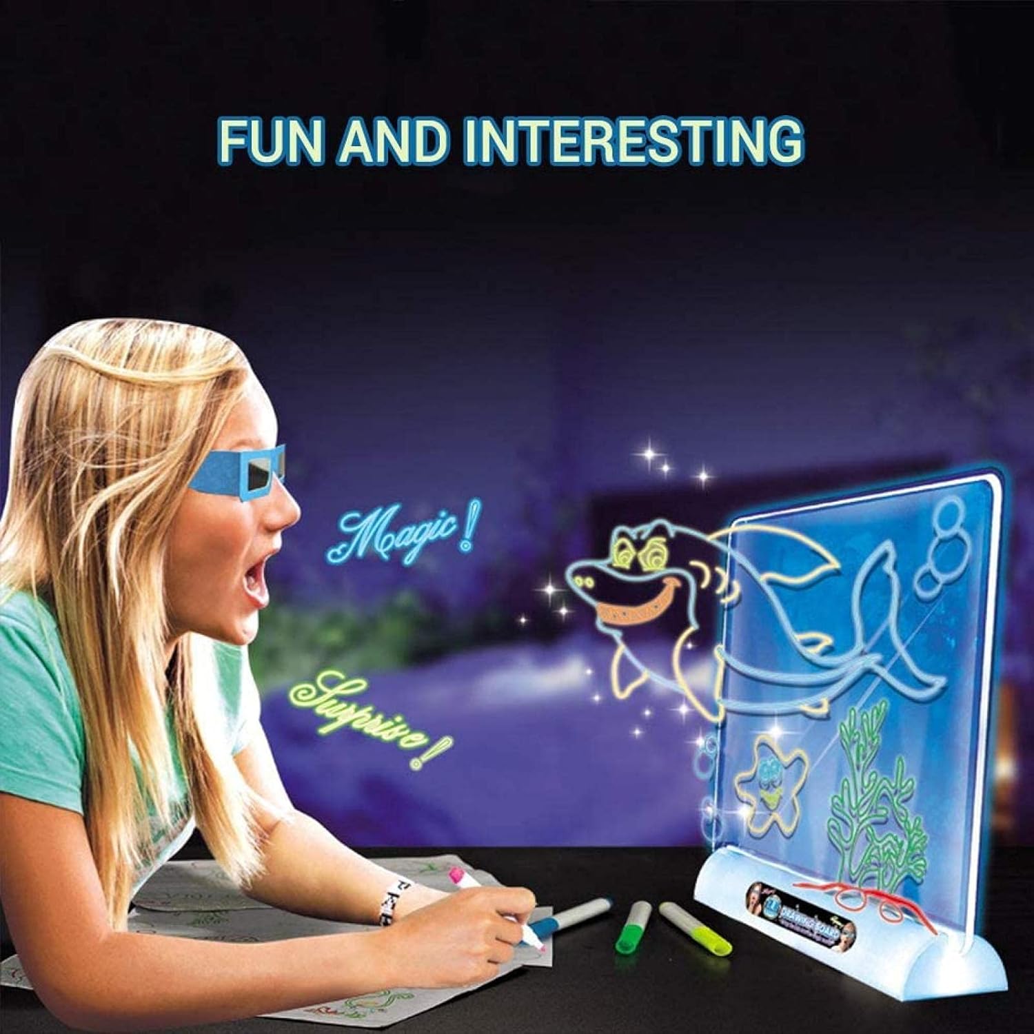 3D Fluorescent Drawing Board Magic Light Reusable Writing Tablet with 3D Glasses for Kids