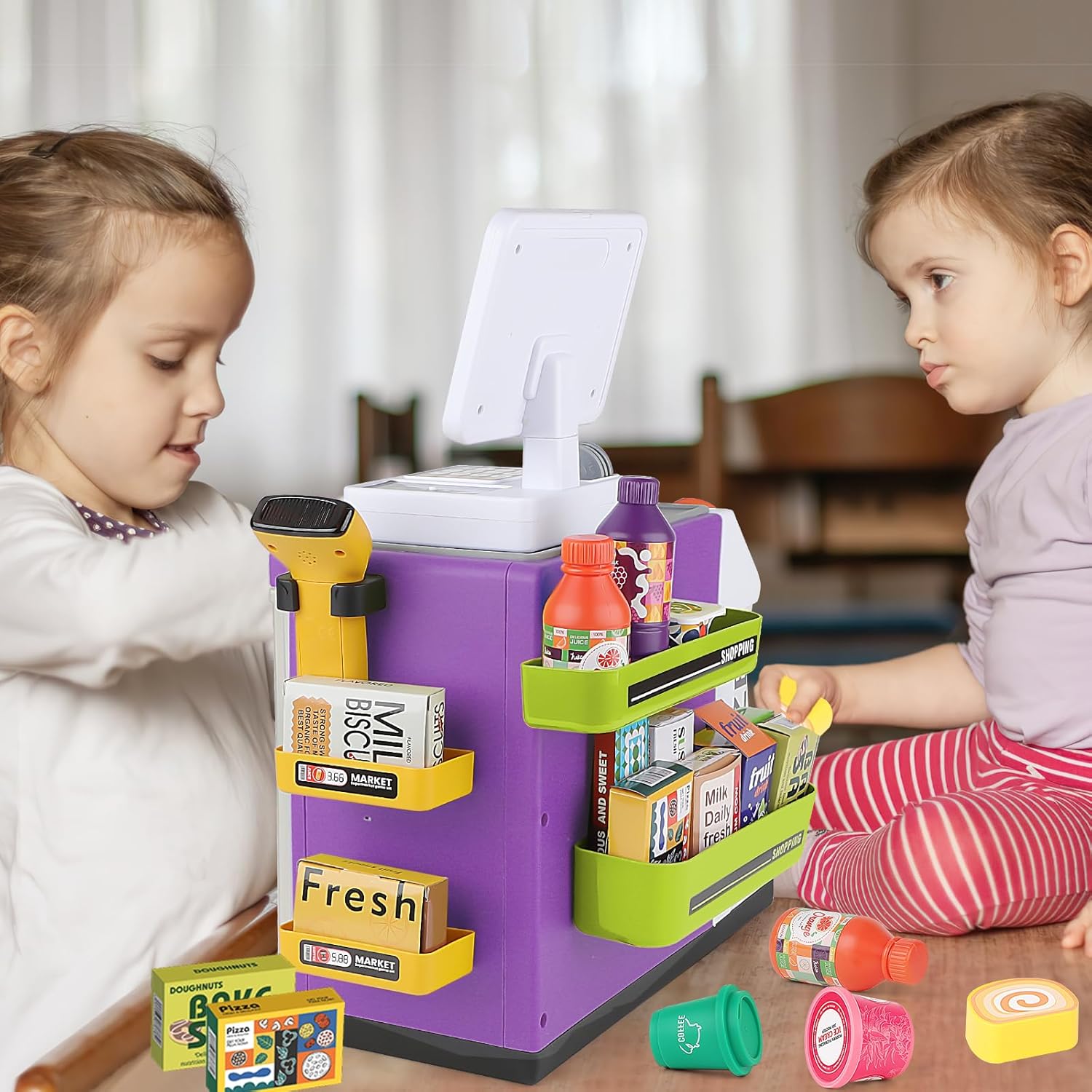 46 Piece Kids Supermarket Counter Set with Cashier, Coffee Machine, Lights & Sounds