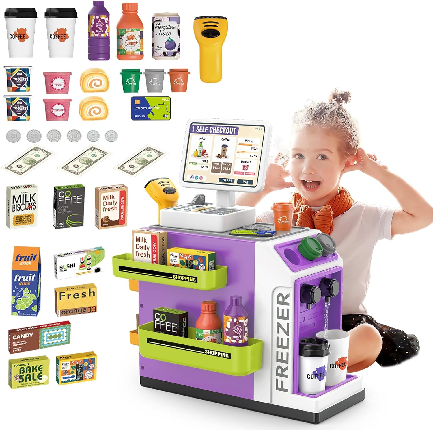 46 Piece Kids Supermarket Counter Set with Cashier, Coffee Machine, Lights & Sounds