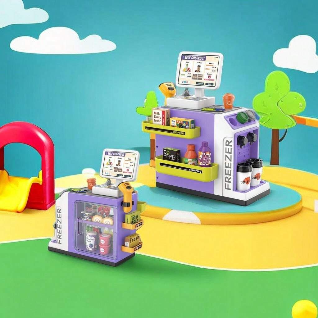 46 Piece Kids Supermarket Counter Set with Cashier, Coffee Machine, Lights & Sounds