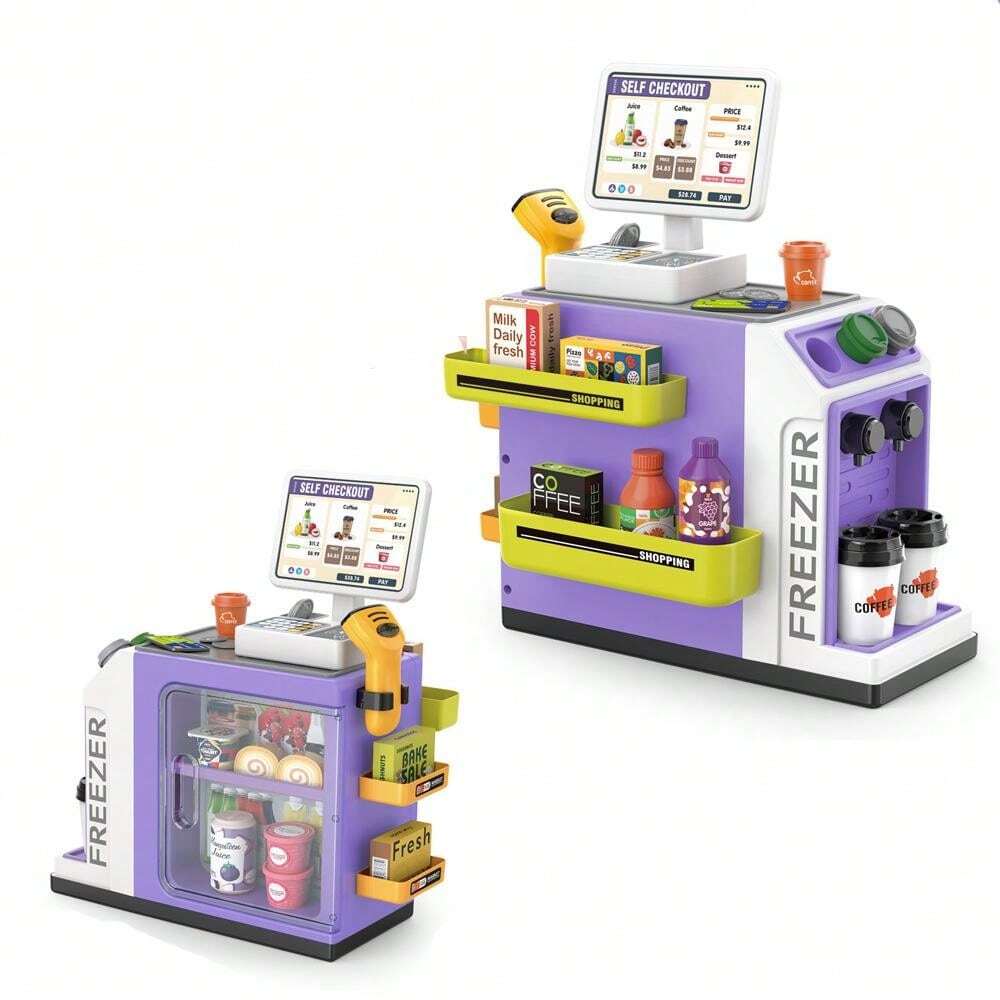 46 Piece Kids Supermarket Counter Set with Cashier, Coffee Machine, Lights & Sounds