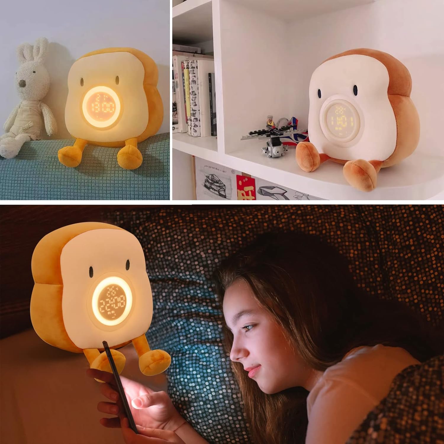 Cute Toast Plush Alarm Clock Rechargeable, Dimmable Night Light for Kids