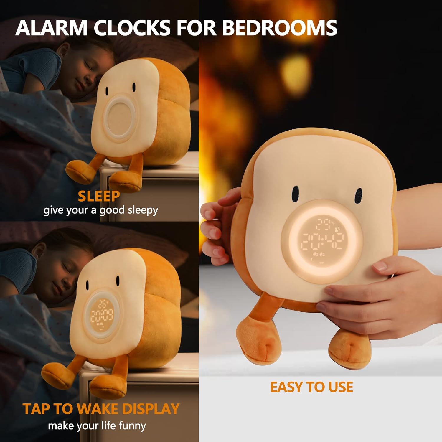 Cute Toast Plush Alarm Clock Rechargeable, Dimmable Night Light for Kids