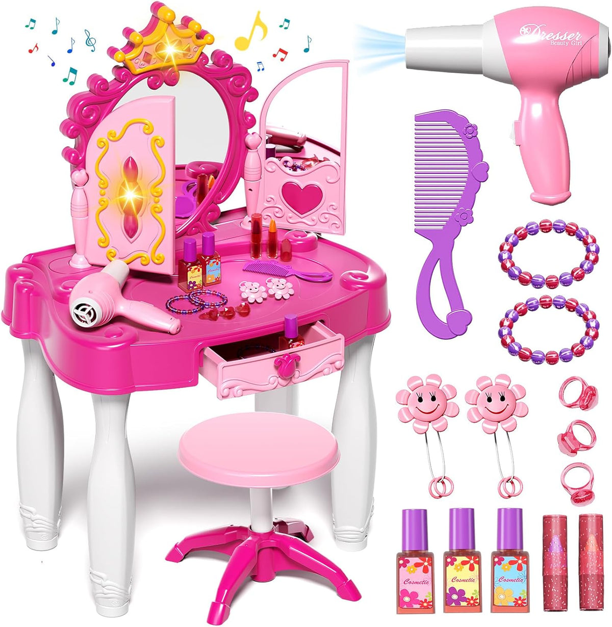 Kids Makeup Vanity Table with Mirror, Chair, Lights & Music