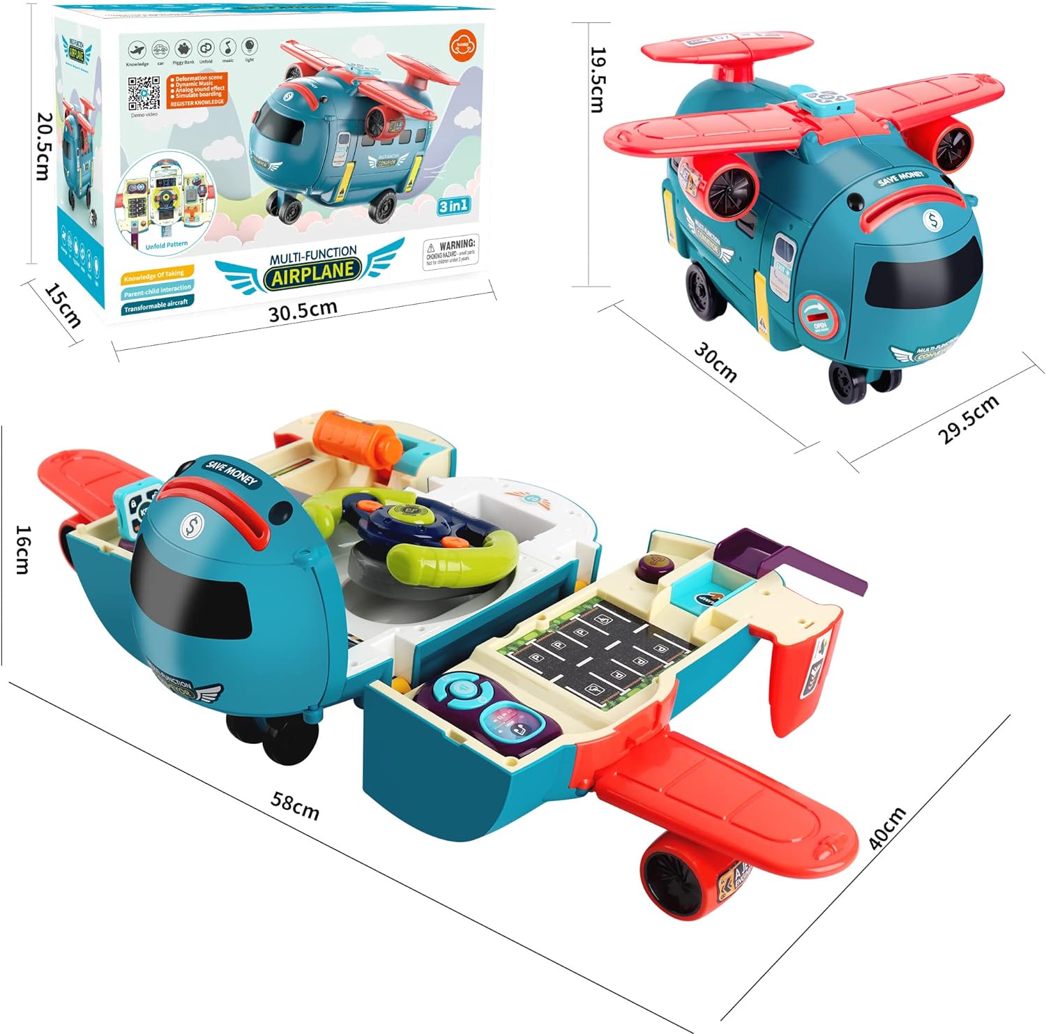 3-in-1 Airplane Toy Light-Up Steering Wheel & Early Education Fun with music