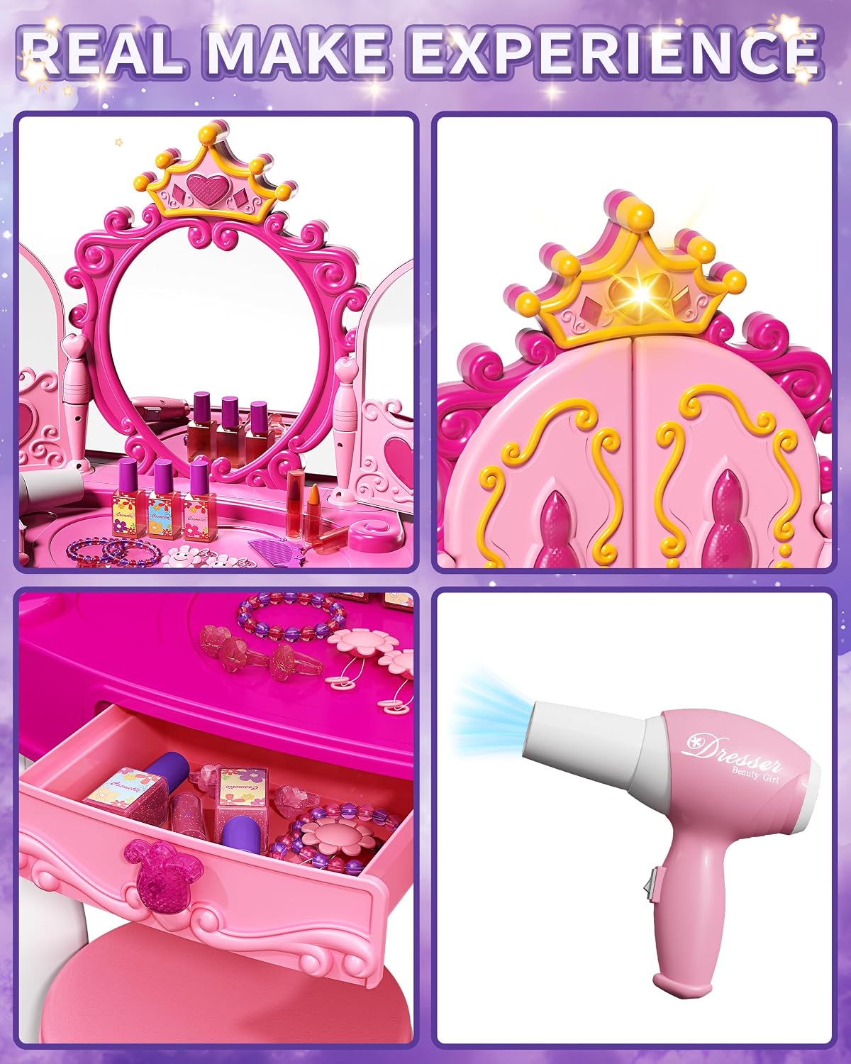 Kids Makeup Vanity Table with Mirror, Chair, Lights & Music