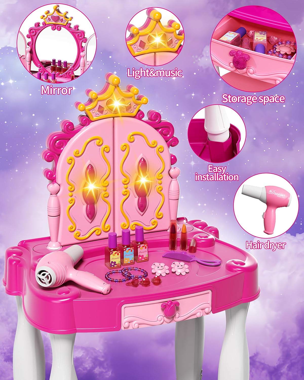Kids Makeup Vanity Table with Mirror, Chair, Lights & Music