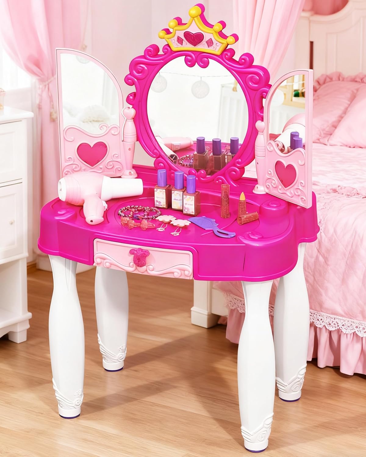 Kids Makeup Vanity Table with Mirror, Chair, Lights & Music