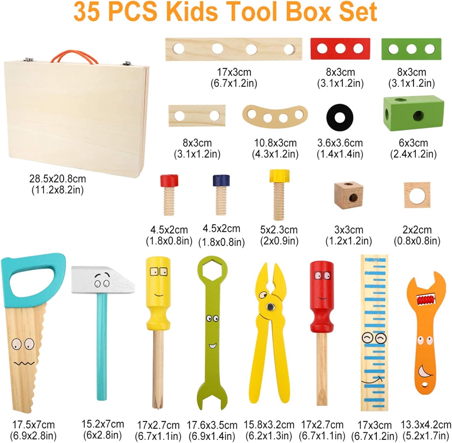 ANTIC DUCK Wooden Tool Box 34-Piece Children's STEM Construction Toy Kit - Perfect Gift for 3-8 Year Old Boys & Girls