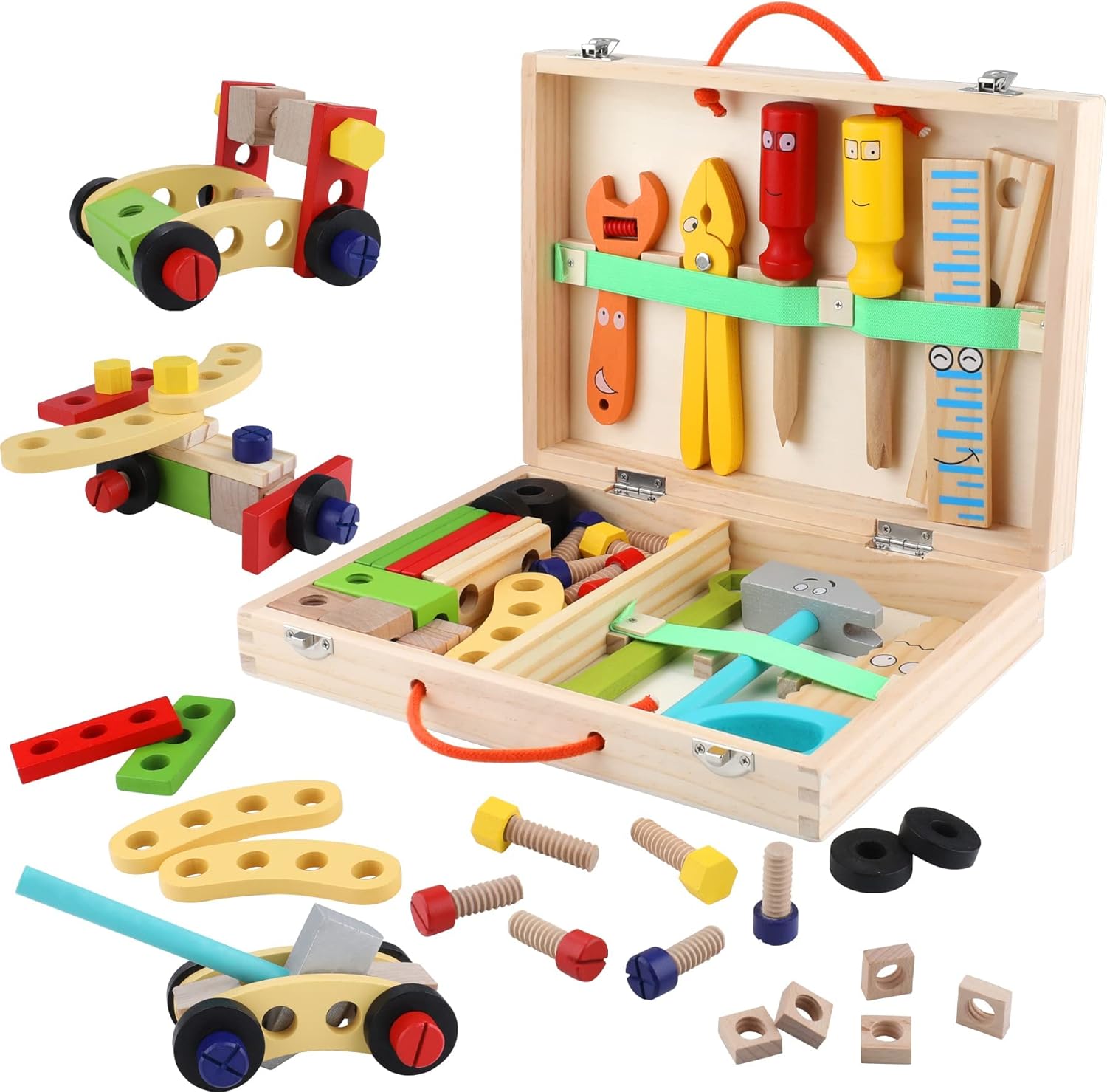 ANTIC DUCK Wooden Tool Box 34-Piece Children's STEM Construction Toy Kit - Perfect Gift for 3-8 Year Old Boys & Girls
