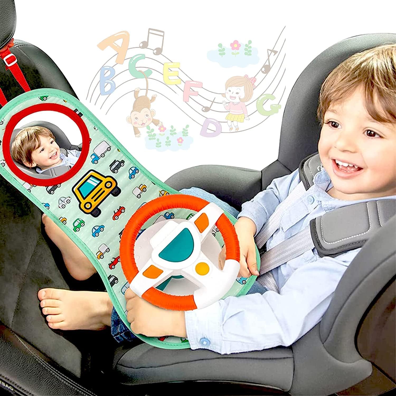 Baby Car Seat Toys with Mirror, Steering Wheel, Music Lights, Driving Sounds & Role Play Game