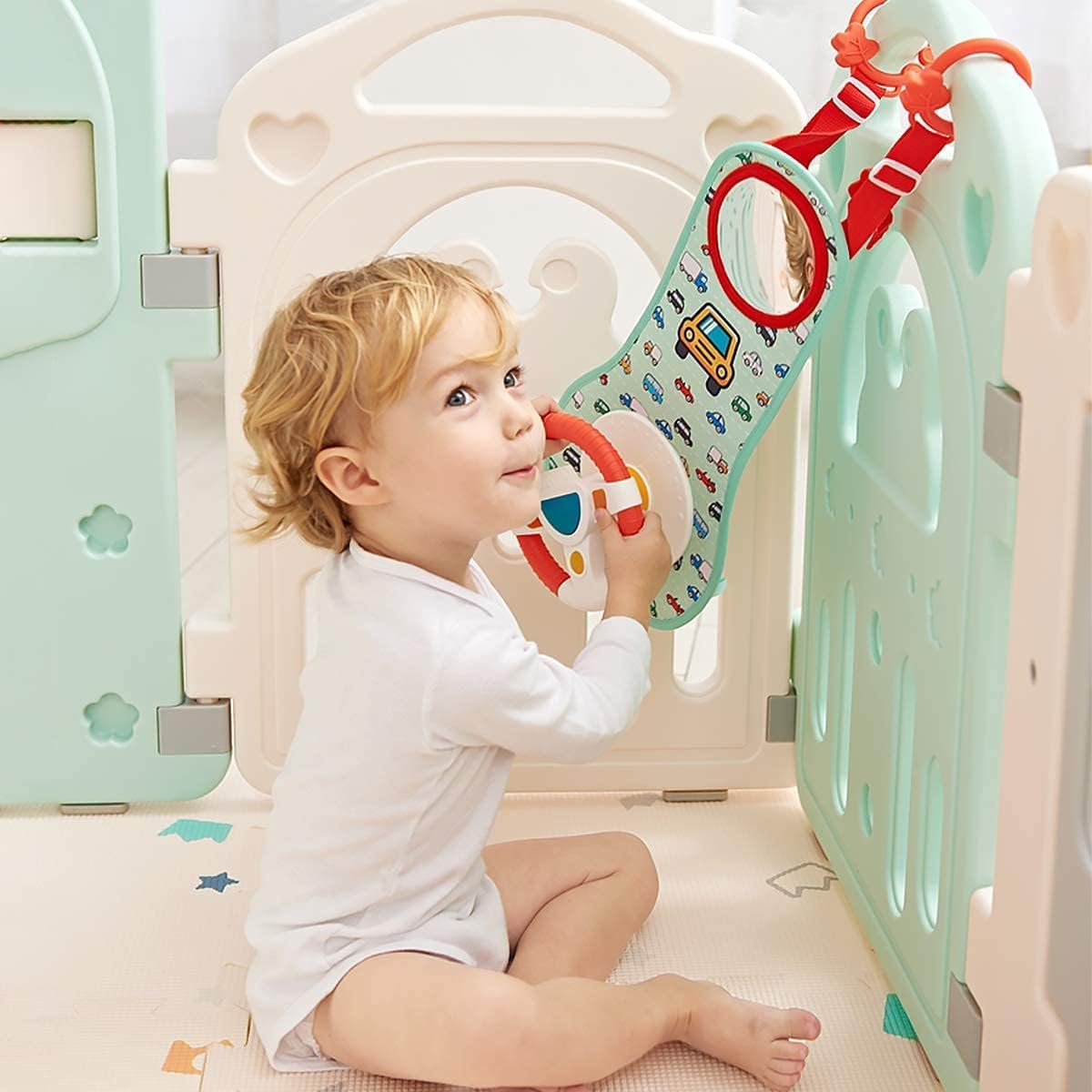 Baby Car Seat Toys with Mirror, Steering Wheel, Music Lights, Driving Sounds & Role Play Game