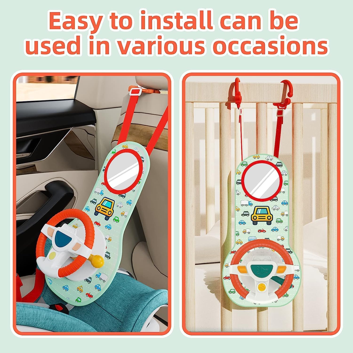 Baby Car Seat Toys with Mirror, Steering Wheel, Music Lights, Driving Sounds & Role Play Game