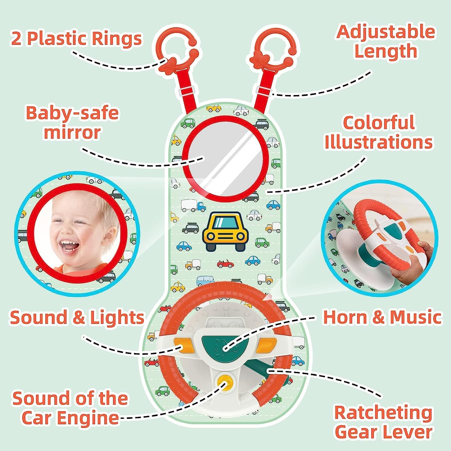 Baby Car Seat Toys with Mirror, Steering Wheel, Music Lights, Driving Sounds & Role Play Game
