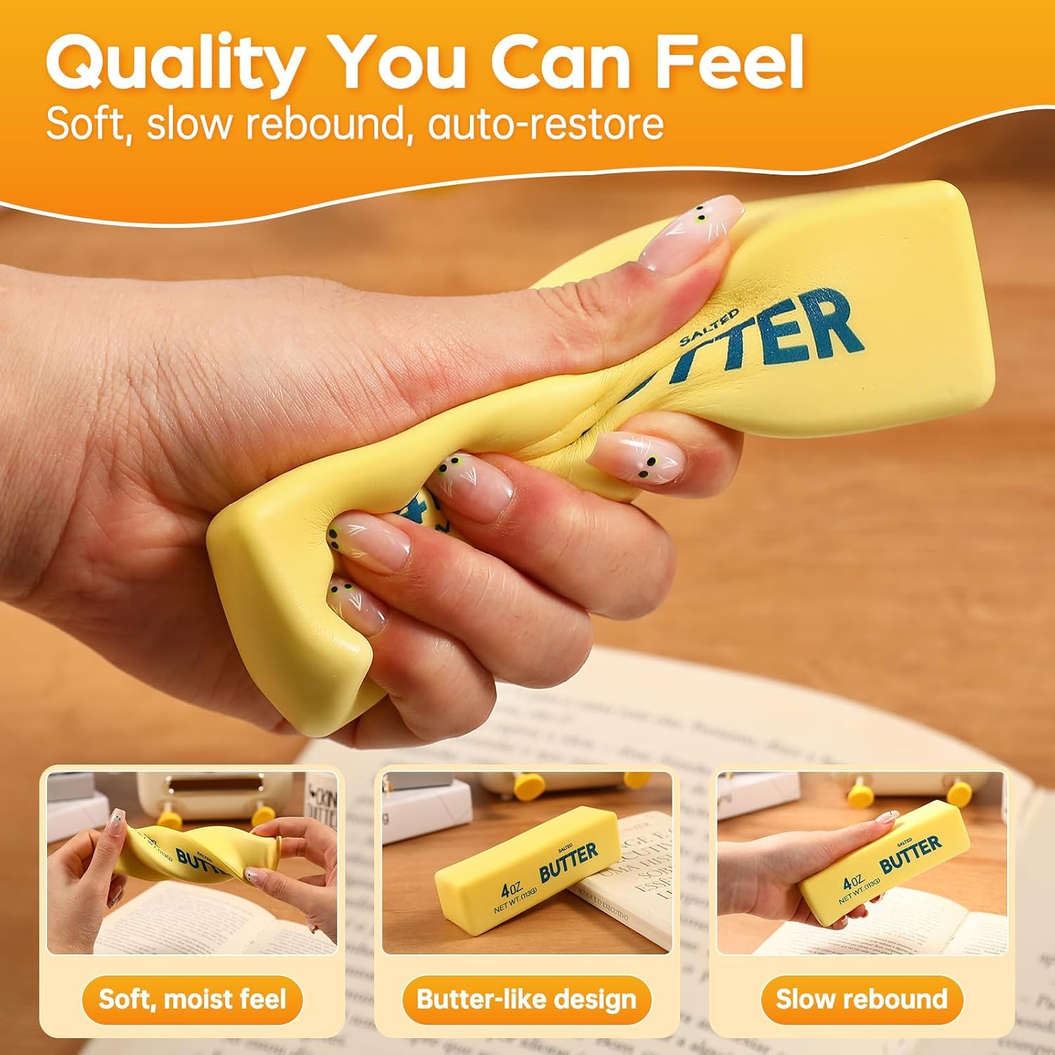 Butter Squeeze Toy, Realistic Butter Stick Squishy, Slow Rising Stress Ball, Soft PU Fidget Toy for Adults, Sensory Desk Toy for Office & School, Stress Relief Novelty Gift