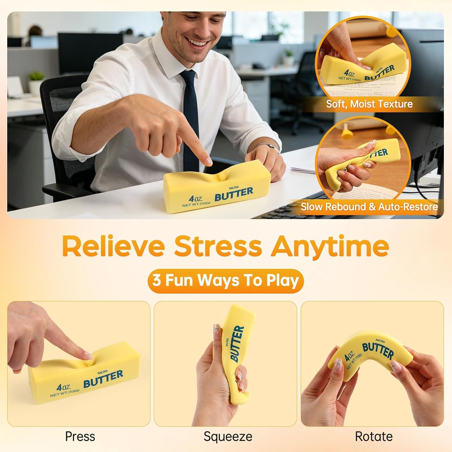 Butter Squeeze Toy, Realistic Butter Stick Squishy, Slow Rising Stress Ball, Soft PU Fidget Toy for Adults, Sensory Desk Toy for Office & School, Stress Relief Novelty Gift
