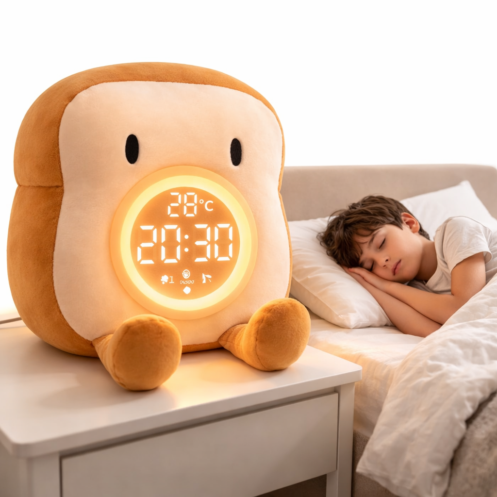 Cute Toast Plush Alarm Clock Rechargeable, Dimmable Night Light for Kids