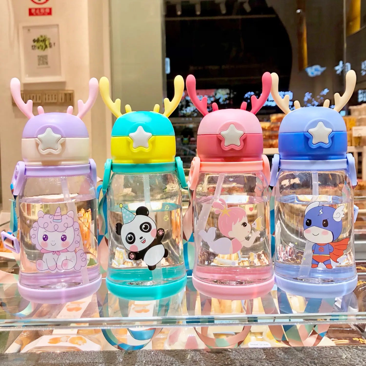 500ml Kids Water Bottle with Straw & Strap Cartoon Design