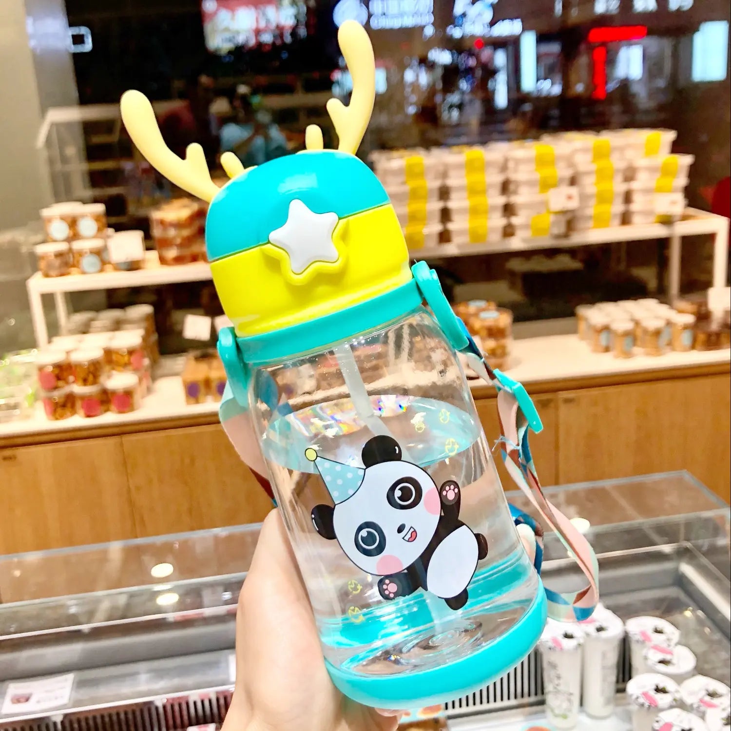500ml Kids Water Bottle with Straw & Strap Cartoon Design