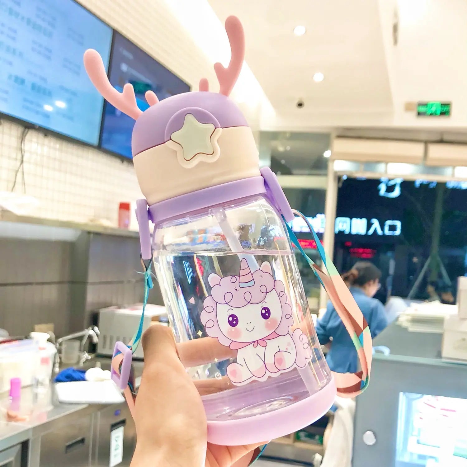 500ml Kids Water Bottle with Straw & Strap Cartoon Design