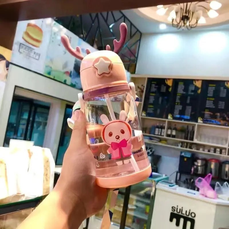 500ml Kids Water Bottle with Straw & Strap Cartoon Design