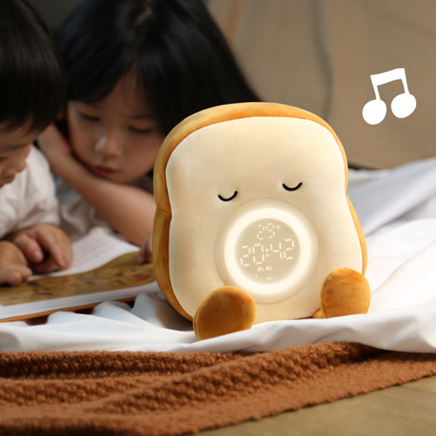 Cute Toast Plush Alarm Clock Rechargeable, Dimmable Night Light for Kids