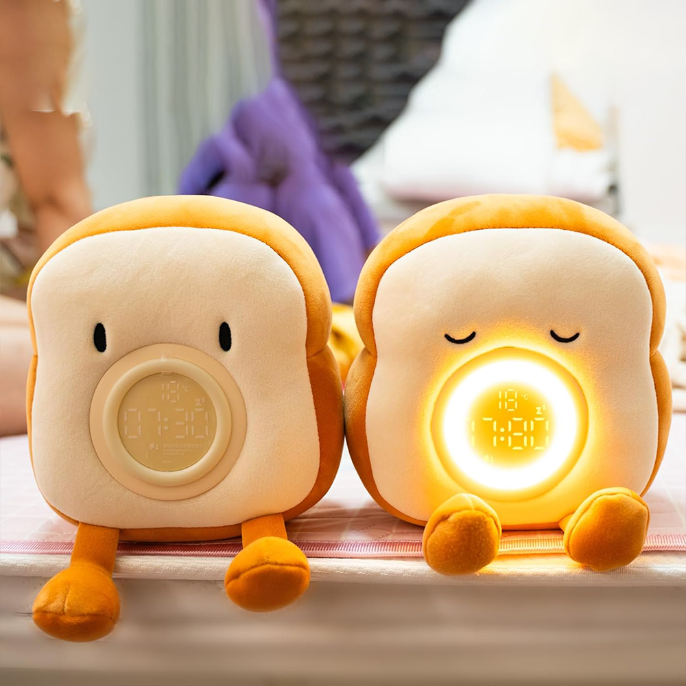 Cute Toast Plush Alarm Clock Rechargeable, Dimmable Night Light for Kids