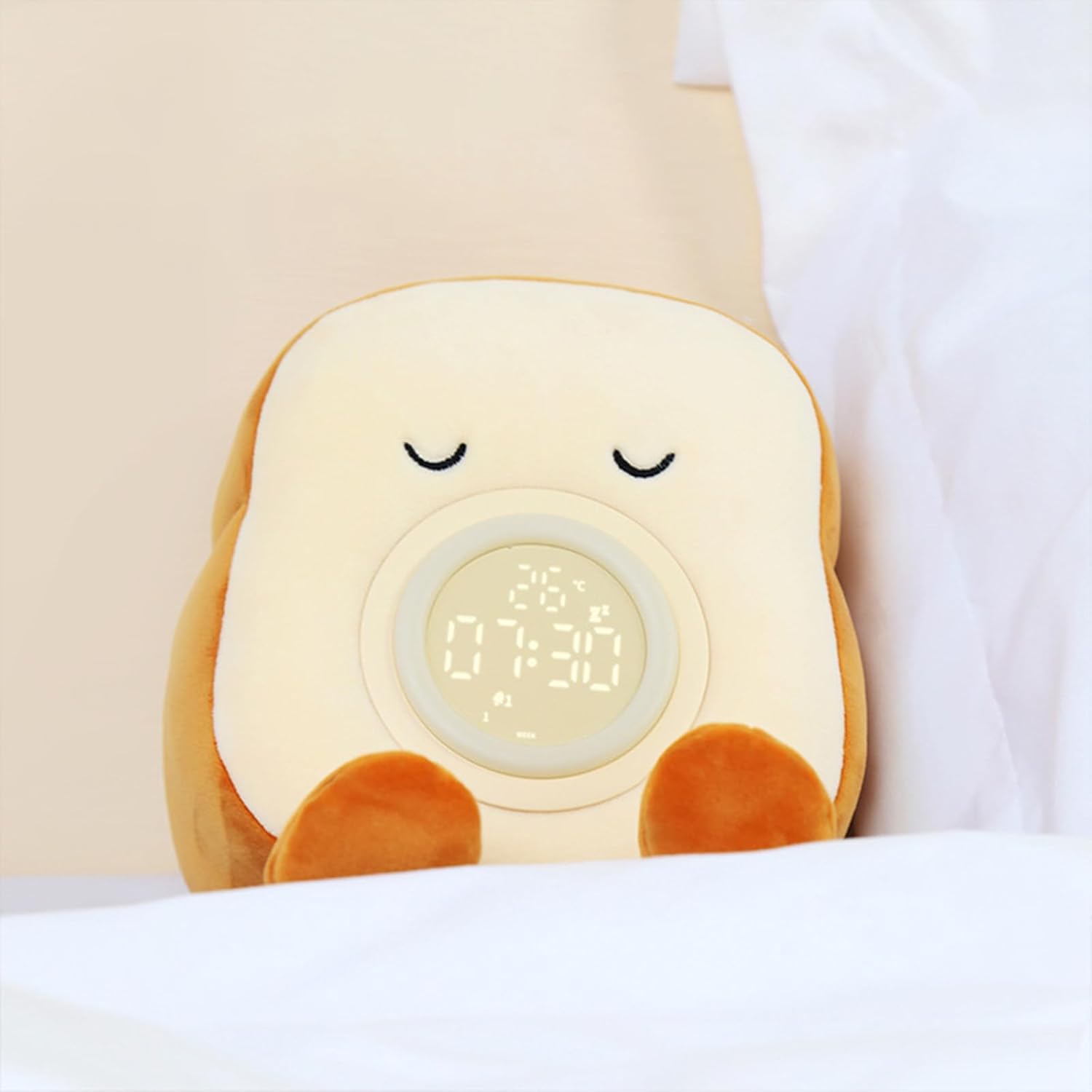 Cute Toast Plush Alarm Clock Rechargeable, Dimmable Night Light for Kids
