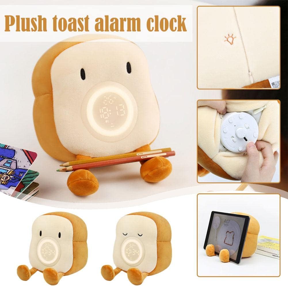 Cute Toast Plush Alarm Clock Rechargeable, Dimmable Night Light for Kids