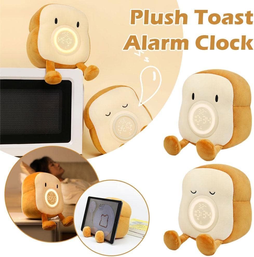 Cute Toast Plush Alarm Clock Rechargeable, Dimmable Night Light for Kids