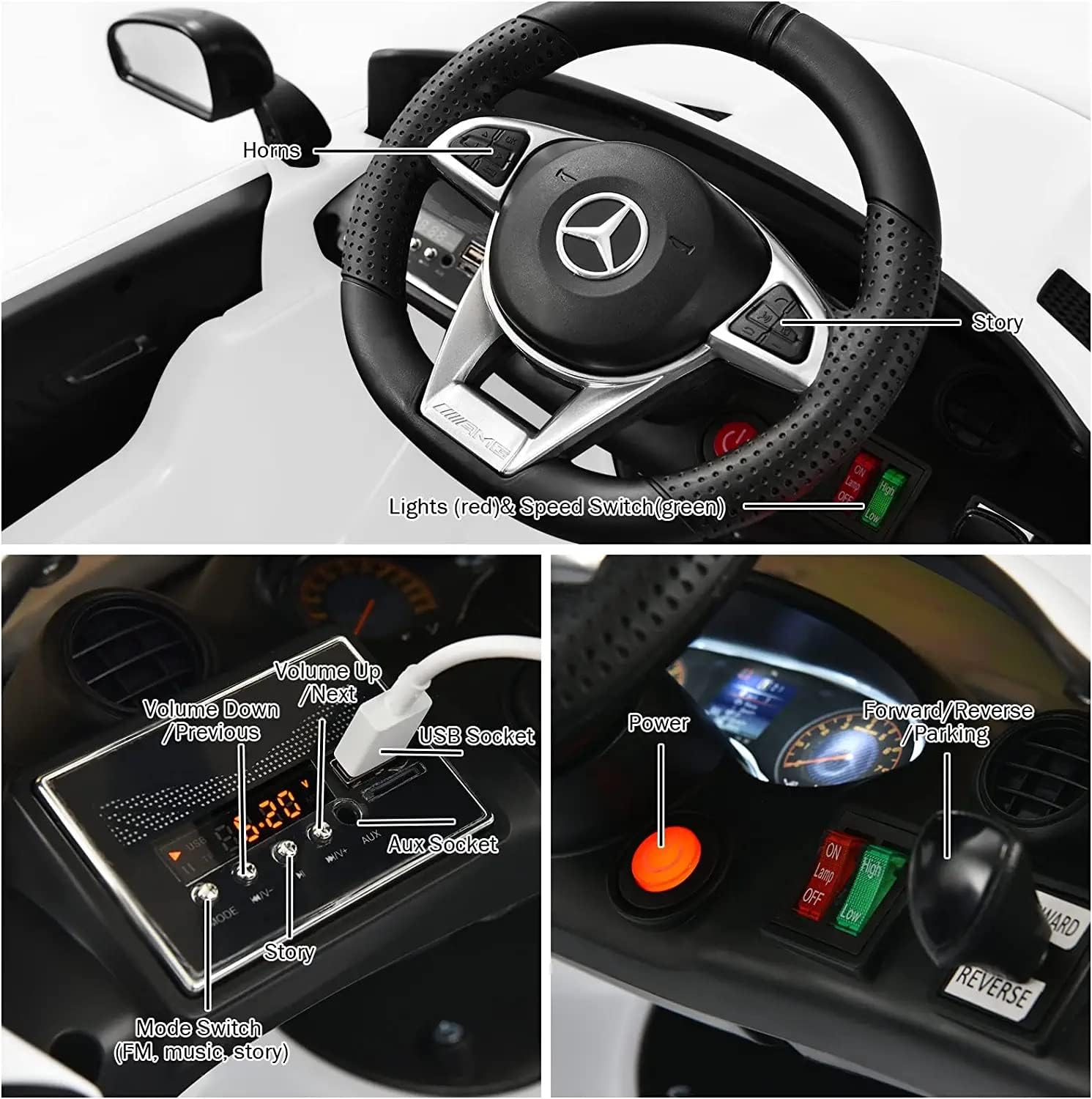 Electric Car Battery Operated Ride On Car for Kids, Leather Seat, Music & Light
