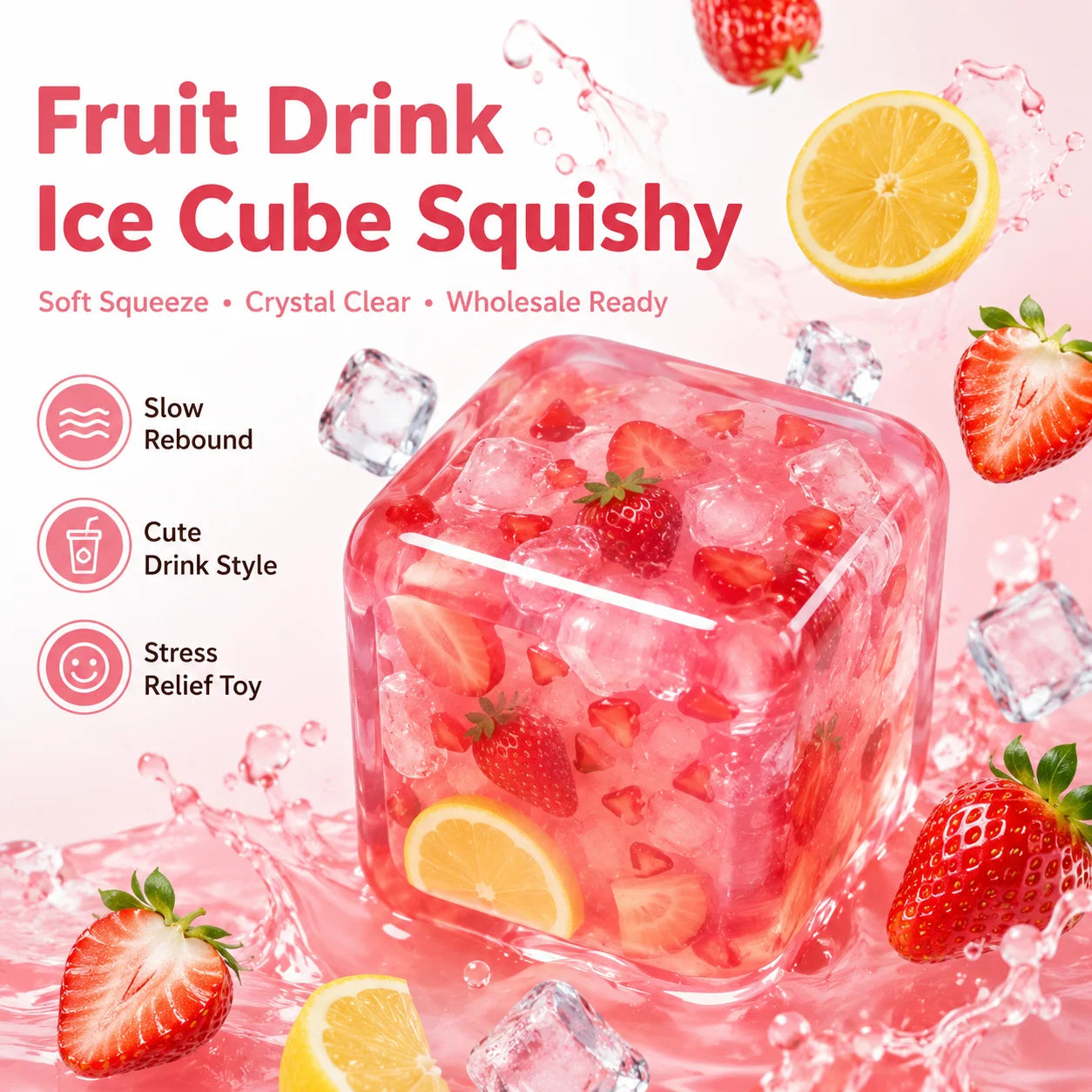 1 Pc of Strawberry Acai Ice Cube Squishy Toy, Strawberry Cube Stress Ball, Square Sensory Fidget Toy for Adults & Teens, Soft Squeeze Stress Relief Ball, Anxiety Relief Desk Toy, Strawberry Gel Toy