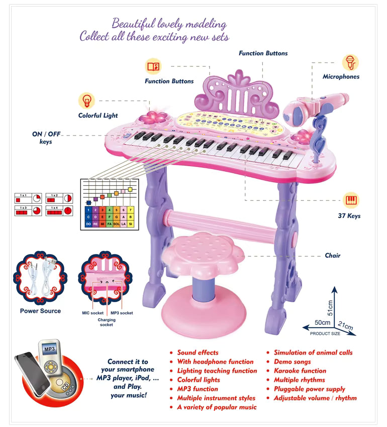 37-Key Kids Electronic Piano Keyboard with Microphone & Stool