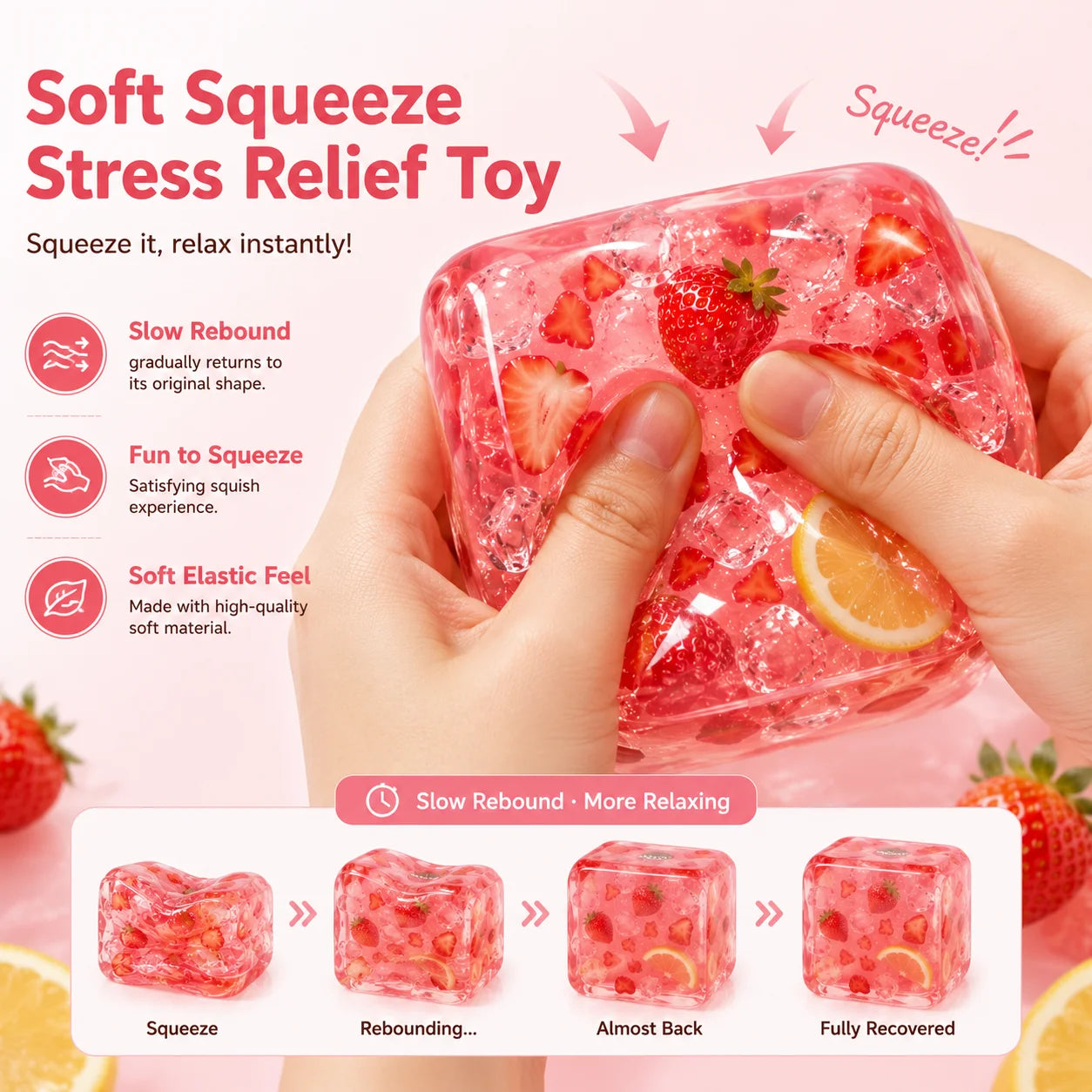 1 Pc of Strawberry Acai Ice Cube Squishy Toy, Strawberry Cube Stress Ball, Square Sensory Fidget Toy for Adults & Teens, Soft Squeeze Stress Relief Ball, Anxiety Relief Desk Toy, Strawberry Gel Toy