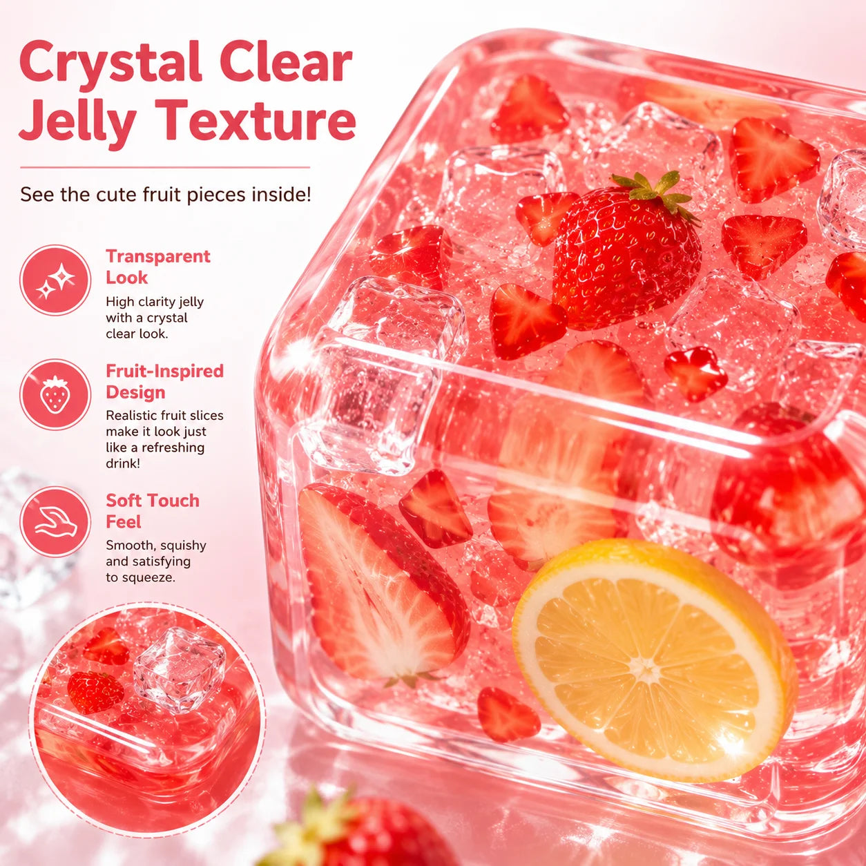 1 Pc of Strawberry Acai Ice Cube Squishy Toy, Strawberry Cube Stress Ball, Square Sensory Fidget Toy for Adults & Teens, Soft Squeeze Stress Relief Ball, Anxiety Relief Desk Toy, Strawberry Gel Toy