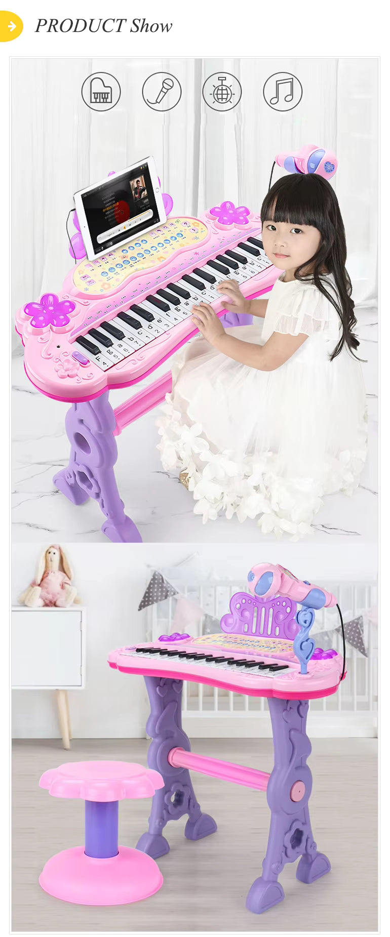37-Key Kids Electronic Piano Keyboard with Microphone & Stool