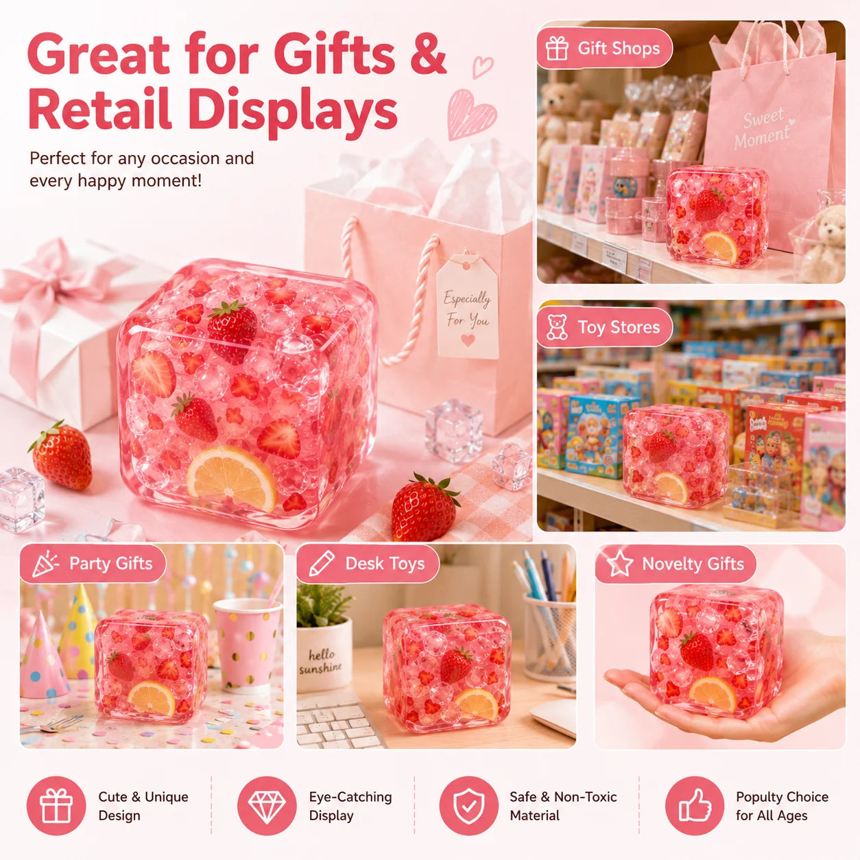 1 Pc of Strawberry Acai Ice Cube Squishy Toy, Strawberry Cube Stress Ball, Square Sensory Fidget Toy for Adults & Teens, Soft Squeeze Stress Relief Ball, Anxiety Relief Desk Toy, Strawberry Gel Toy