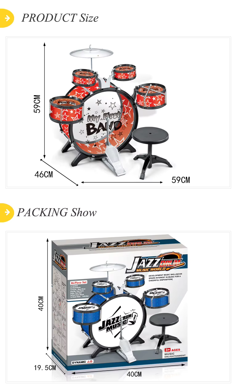 Kids Beginner Jazz Drum Set with Chair 25 Pieces Musical Instrument Toy Playset for toddlers and young children
