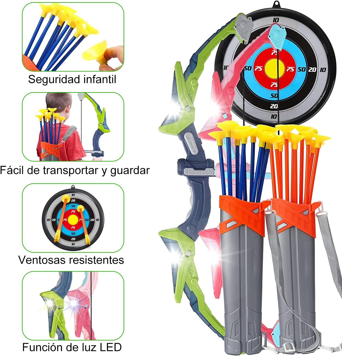 Kids Indoor/Outdoor LED Light Archery Set with Bow, Arrows Targets