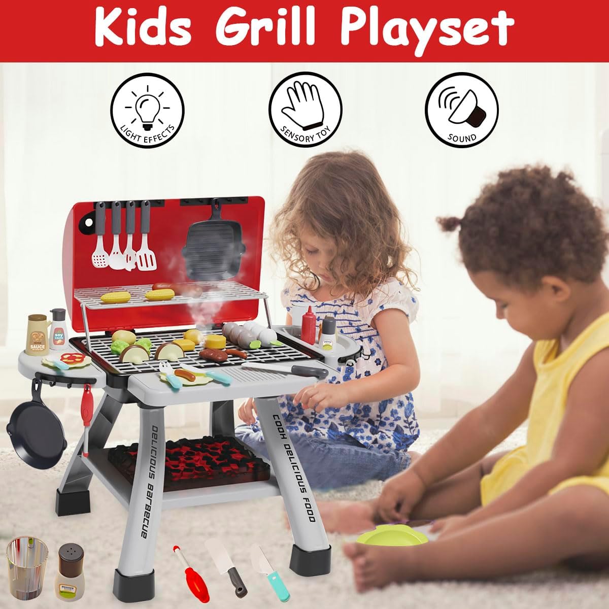 Kids Playset 41Pcs BBQ Toy with Smoke, Sound & Light for Pretend Play
